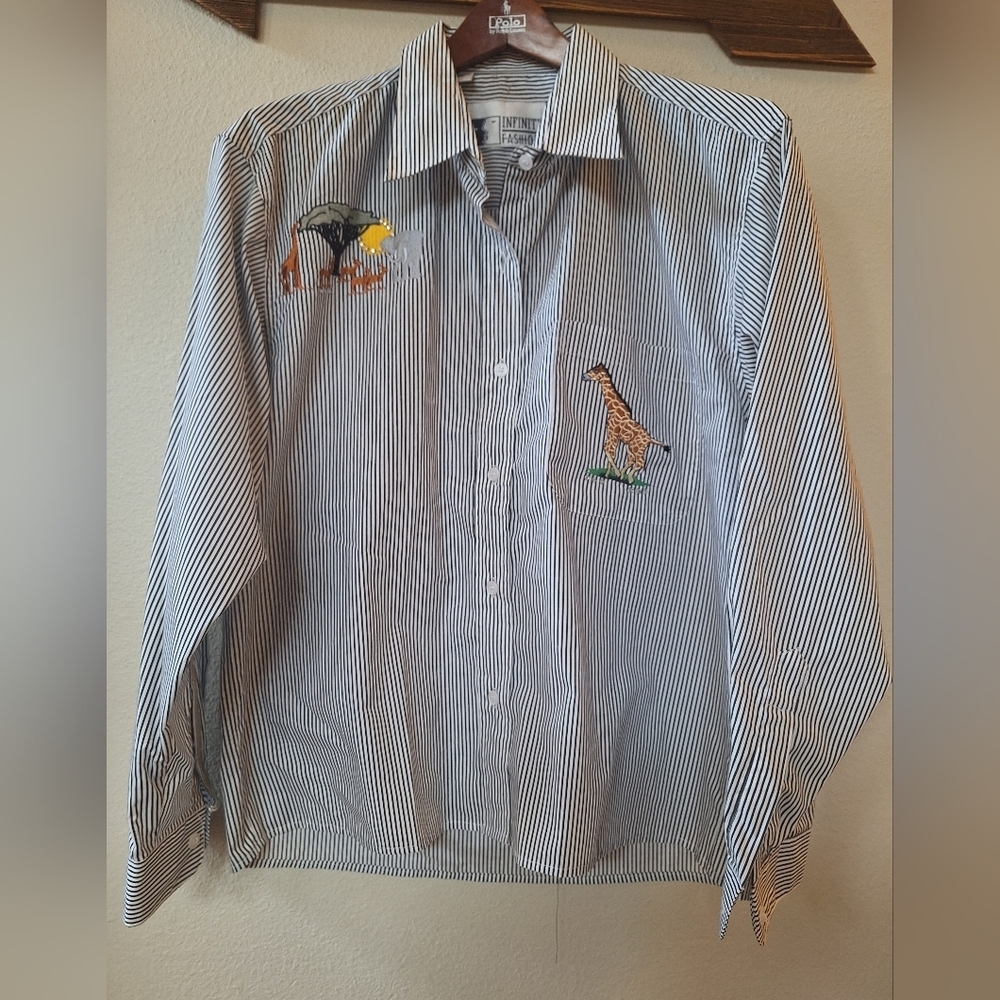 Infinity Fashions vintage safari embroidered Animal  pinstriped blouse Womens S